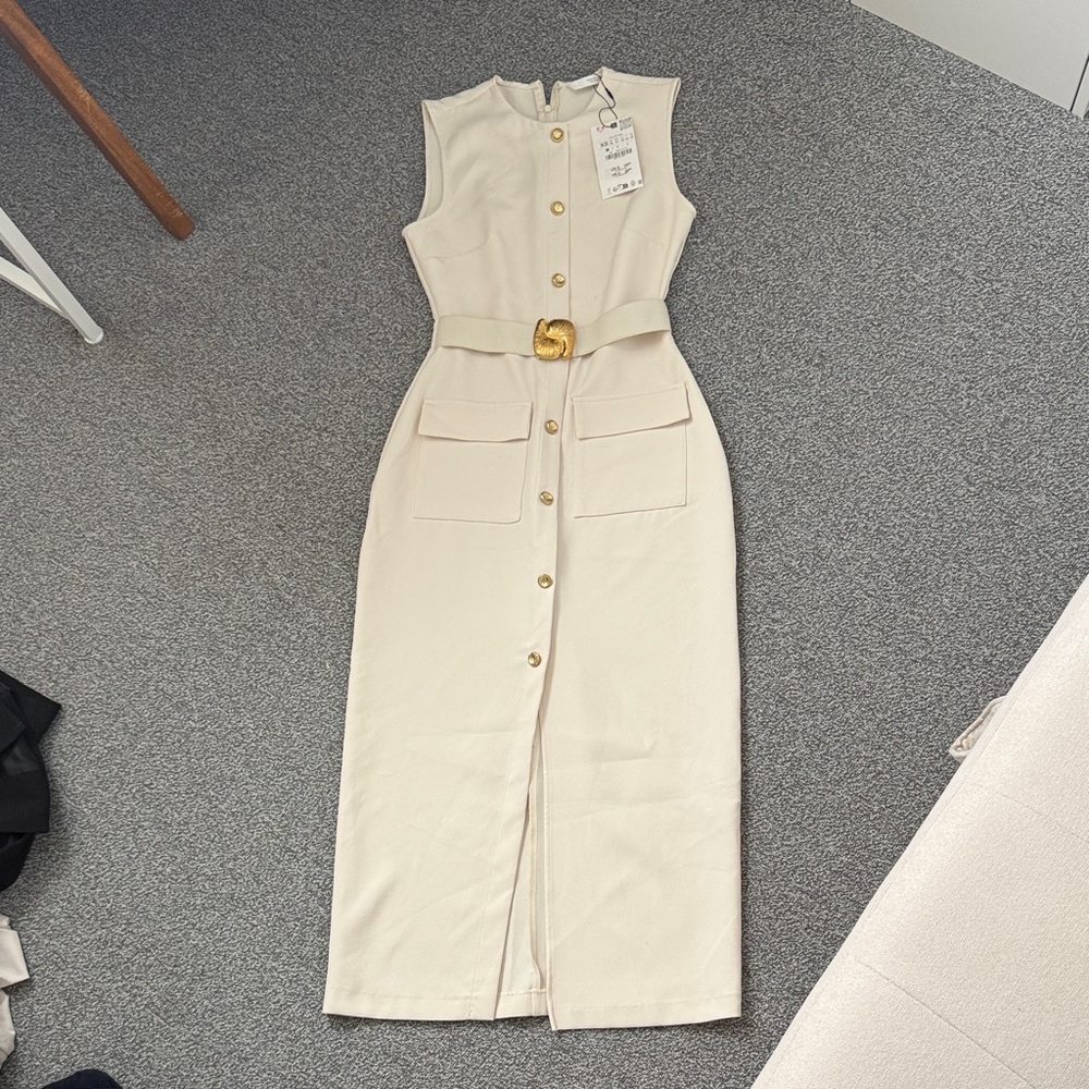 Zara Cream Midi Dress with Gold Accents